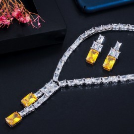 ThreeGraces Elegant Yellow White Cubic Zirconia Geometric Square CZ Earrings Necklace Wedding Party Jewelry Set for Women JS631