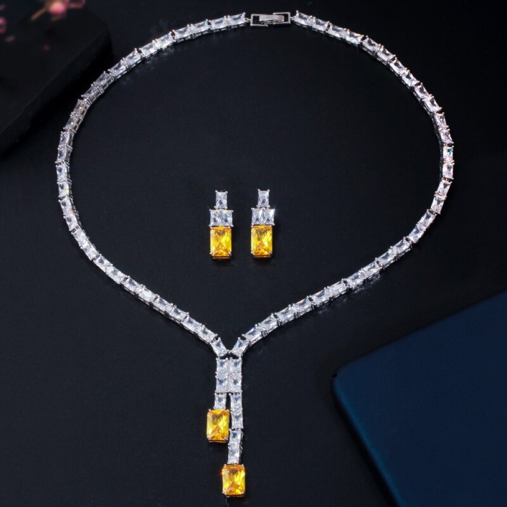 ThreeGraces Elegant Yellow White Cubic Zirconia Geometric Square CZ Earrings Necklace Wedding Party Jewelry Set for Women JS631