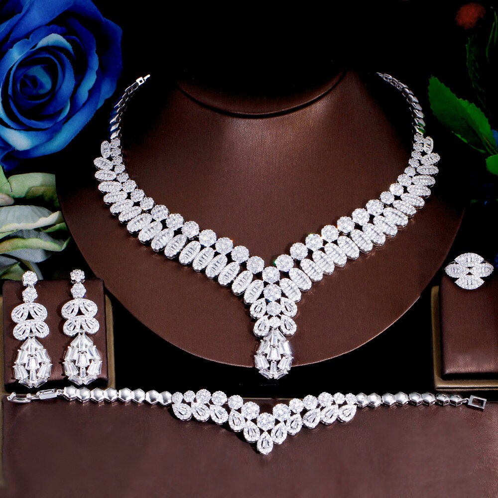 ThreeGraces Famous Brand 4pcs Shining Full Micro CZ Zircon Luxury Dubai African Wedding Bridal Jewelry Set for Women TZ819