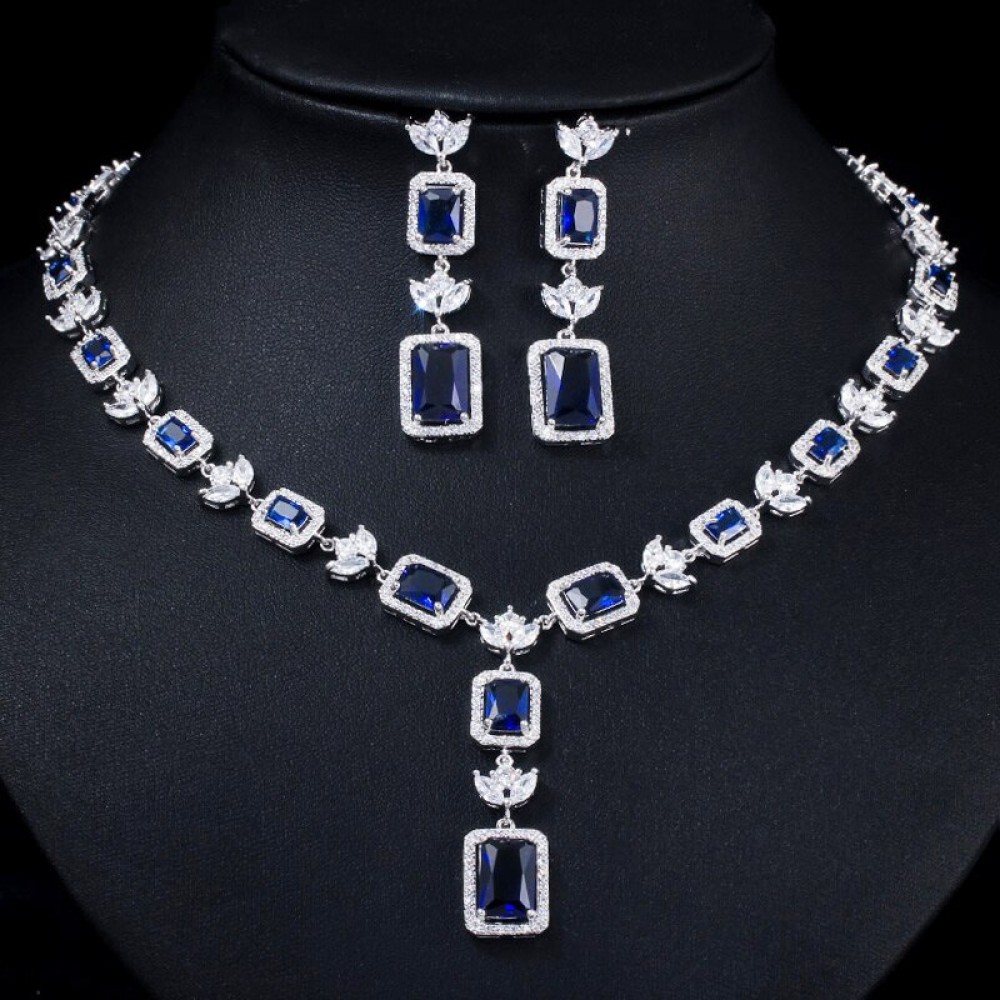 ThreeGraces Fashion Blue Cubic Zirconia Women Long Geometric Rectangle Dangle Earrings Necklace Bridal Wedding Jewelry Set TZ762