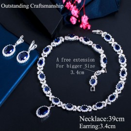 ThreeGraces Fashion Dangle Round Shape Royal Blue CZ Crystal Earrings Necklace Jewelry Sets for Ladies Party Accessories TZ599