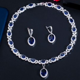 ThreeGraces Fashion Dangle Round Shape Royal Blue CZ Crystal Earrings Necklace Jewelry Sets for Ladies Party Accessories TZ599