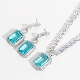 ThreeGraces Fashion Light Blue Cubic Zirconia Long Big Rectangle Dangle Earrings and Necklace Set for Women Party Jewelry TZ742