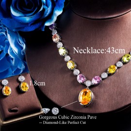 ThreeGraces Fashion Multicolor Cubic Zirconia Big Yellow Oval CZ Bridal Party Earrings Necklace Jewelry Set for Women TZ794