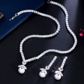 ThreeGraces Fashion Shiny Cubic Zirconia Silver Color Simulated Pearl Earrings Necklace Bridal Party Jewelry Set for Women TZ771