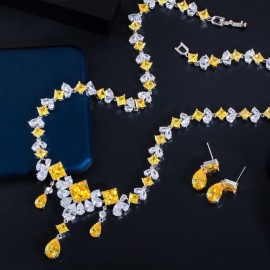 ThreeGraces Fashion Yellow Cubic Zirconia Bridal Wedding Dangle Earrings and Necklace Set for Women Party Dinner Jewelry TZ731