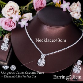 ThreeGraces Geometric Square Earrings Necklace Shiny Cubic Zirconia Crystal Fashion Jewelry Set for Women New Party Gift TZ651