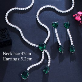 ThreeGraces Gorgeous Green CZ Stone Long Water Drop Tassel Earrings and Necklace Bridal Wedding Prom Jewelry Set for Women T0624
