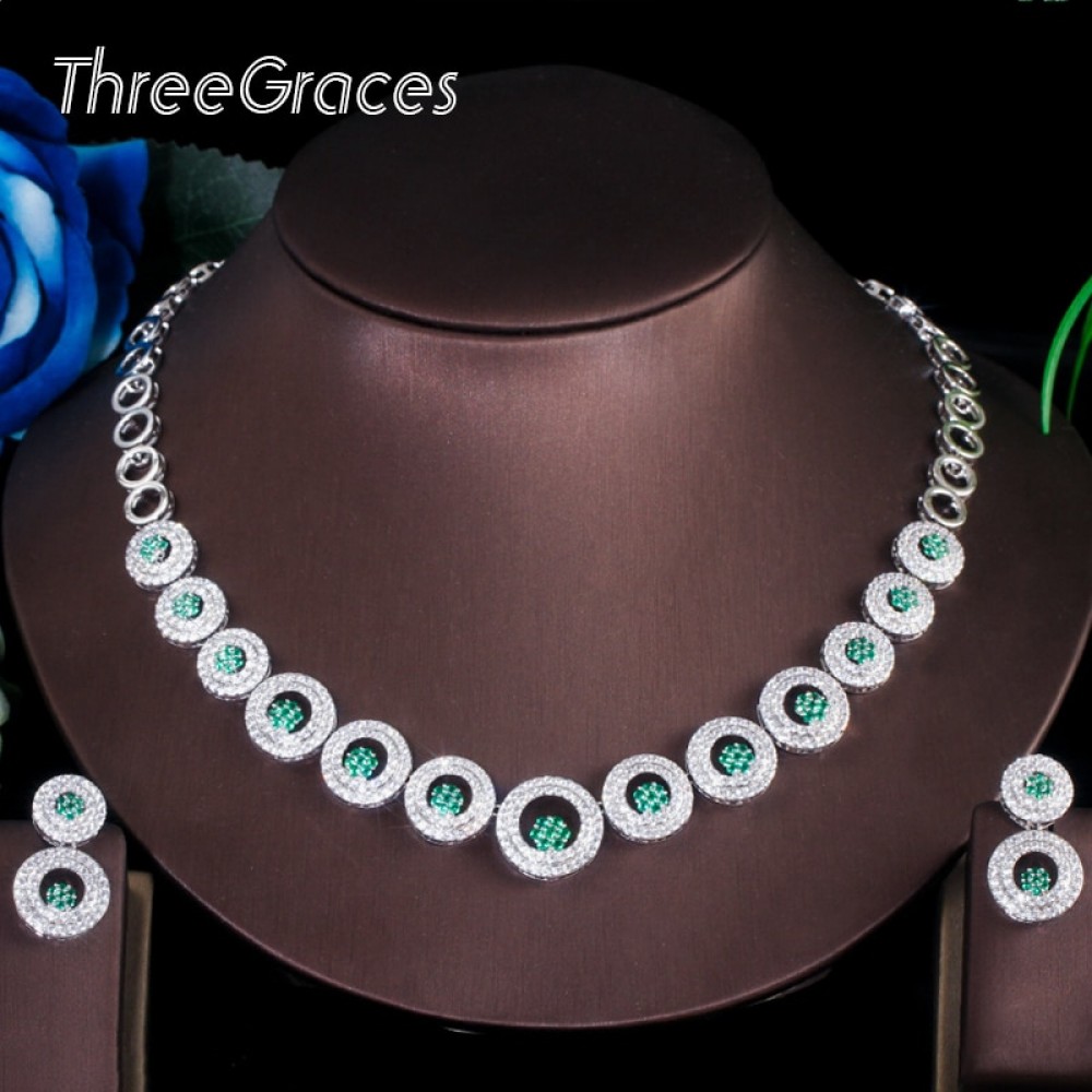 ThreeGraces Gorgeous Green Cubic Zircon Stone Bridal Wedding Round Drop Earrings Necklace Jewelry Set Wedding Accessories TZ505