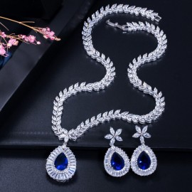 ThreeGraces Gorgeous Red Cubic Zirconia Big Flower Water Drop Earrings Necklace Bridal Wedding Party Jewelry Set for Women JS174
