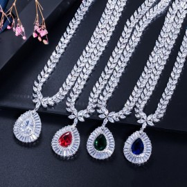 ThreeGraces Gorgeous Red Cubic Zirconia Big Flower Water Drop Earrings Necklace Bridal Wedding Party Jewelry Set for Women JS174