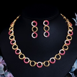 ThreeGraces Gorgeous Red White Cubic Zirconia Gold Color Round Link Chain Choker Necklace Earrings Jewelry Set for Ladies TZ615