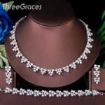 ThreeGraces Gorgeous White CZ Crystal Silver Color Leaf Design Earrings Necklace Jewelry Set for Women Wedding Banquet TZ558