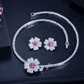 ThreeGraces High Quality Bridal Wedding Jewelry White Hot Pink Cubic Zirconia Flower Necklace Earrings Sets for Women TZ531