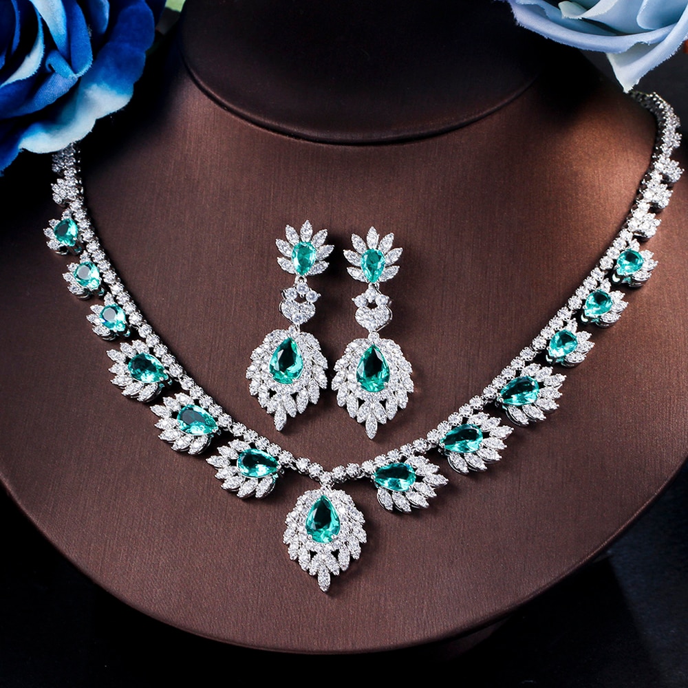 ThreeGraces Luxurious Bridal Wedding Party Jewelry Set for Women Elegant Light Green CZ Drop Earrings Necklace Accessories TZ670