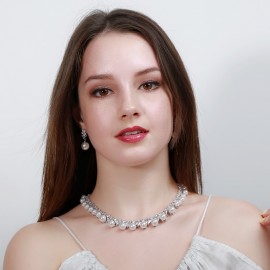 ThreeGraces Luxurious Cubic Zirconia Big Simulated Pearl Choker Necklace Earrings Bridal Wedding Jewelry Set for Brides  JS071