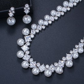 ThreeGraces Luxurious Cubic Zirconia Big Simulated Pearl Choker Necklace Earrings Bridal Wedding Jewelry Set for Brides  JS071