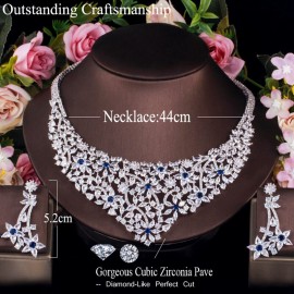 ThreeGraces Luxury Blue White Cubic Zirconia Big Bridal Necklace Earrings Wedding Party Jewelry Set for Brides Accessories TZ548