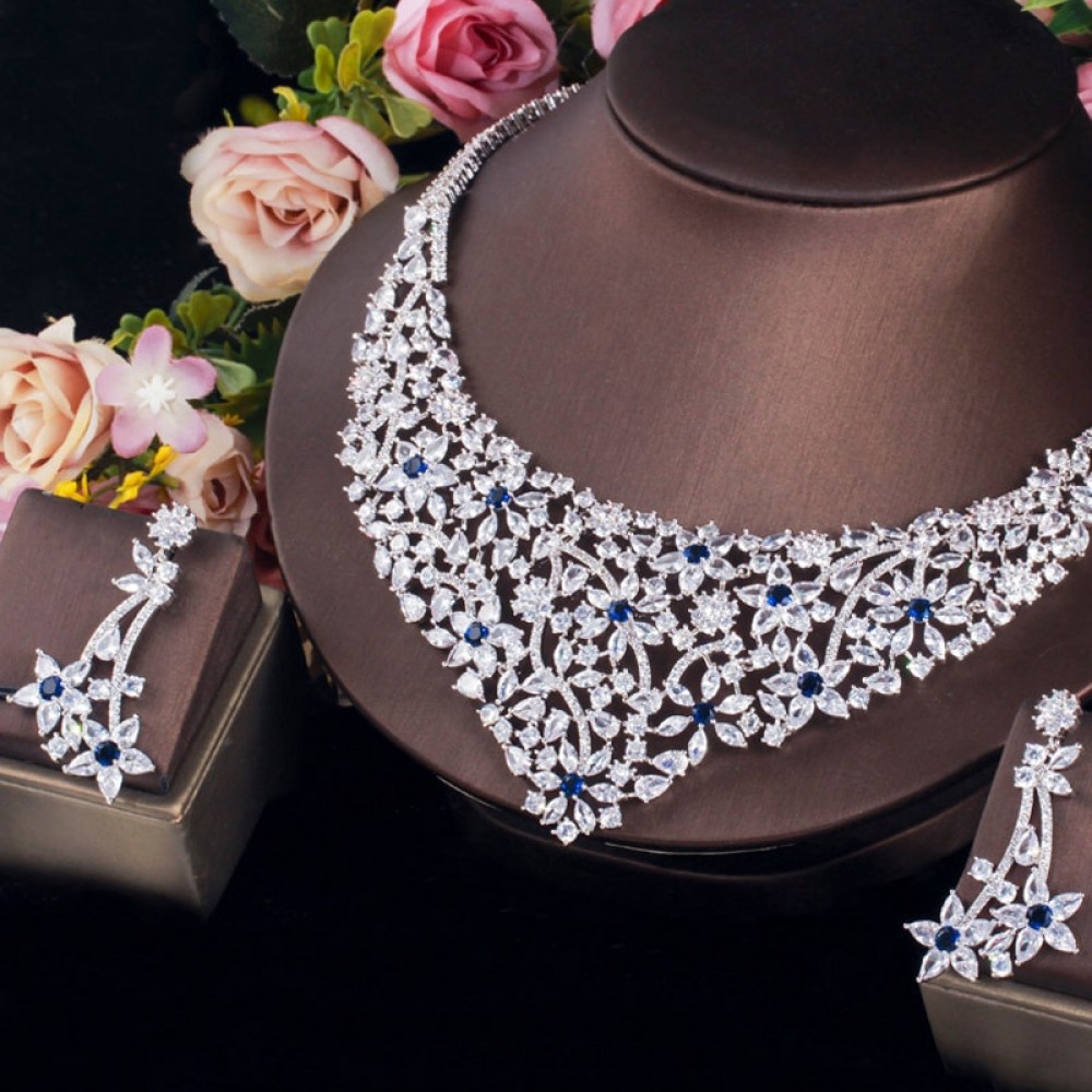 ThreeGraces Luxury Blue White Cubic Zirconia Big Bridal Necklace Earrings Wedding Party Jewelry Set for Brides Accessories TZ548