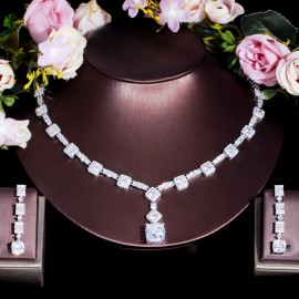 ThreeGraces Luxury Bridal Wedding Jewelry Set for Women Yellow Cubic Zirconia Long Square Earring Necklace Accessories TZ659