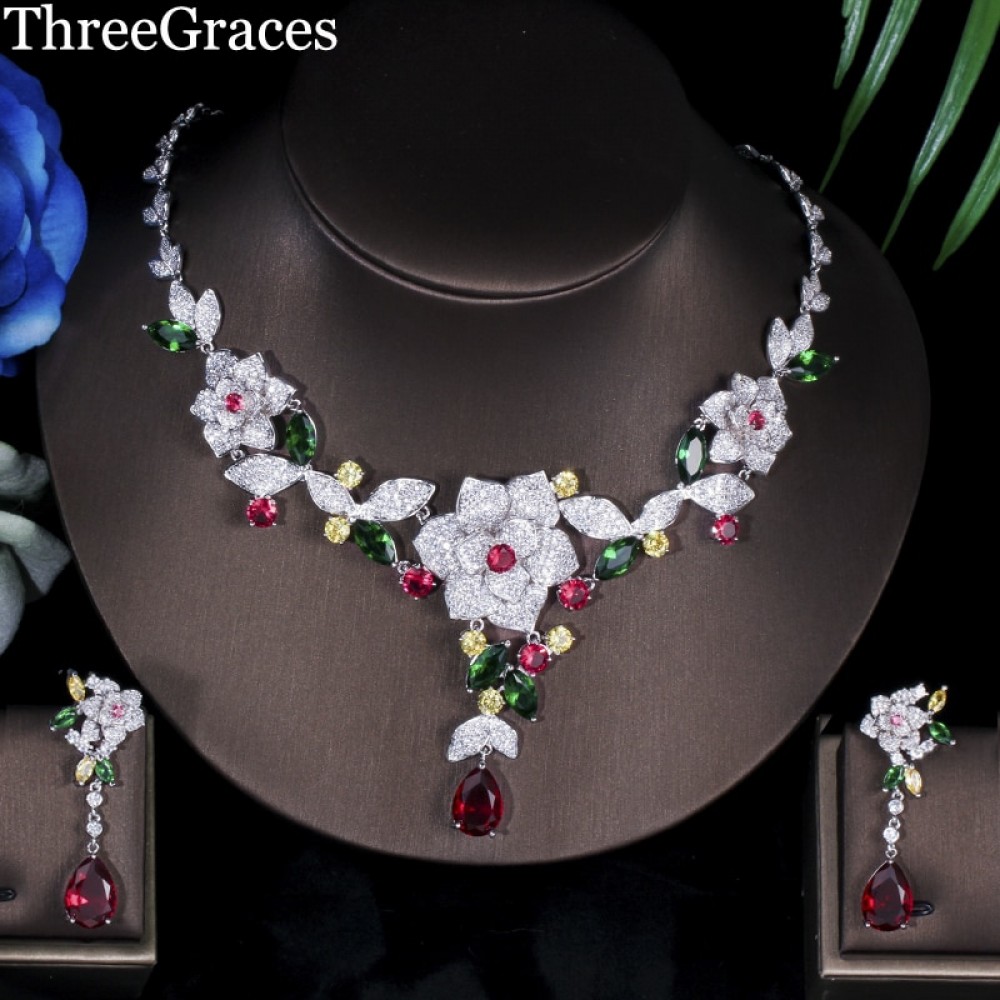 ThreeGraces Luxury Costume Jewelry Flower Shape Multicolored Cubic Zirconia Bridal African Wedding Party Jewellery Sets JS080