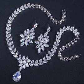 ThreeGraces Luxury Cubic Zircon White Gold Color Big Flower Drop Earrings Necklace Wedding Bridal Jewelry Set for Women JS008