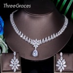 ThreeGraces Luxury Cubic Zircon White Gold Color Big Flower Drop Earrings Necklace Wedding Bridal Jewelry Set for Women JS008