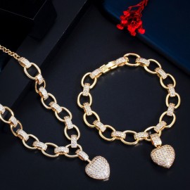 ThreeGraces Luxury Cubic Zirconia Stone Yellow Gold Color Love Heart Pendant Necklace Bracelet Set for Women Party Jewelry TZ639