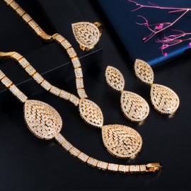 ThreeGraces Luxury Gold Color Dubai Bridal Wedding Jewelry Cubic Zirconia Big Drop Necklace Earrings Bracelet Ring Sets TZ509