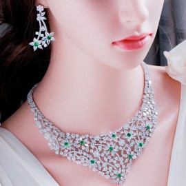 ThreeGraces Luxury Green CZ Stone Elegant Jewelry Flower Necklace and Earrings Set for Women Wedding Bridal Jewelry Sets TZ546