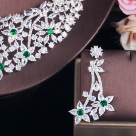 ThreeGraces Luxury Green CZ Stone Elegant Jewelry Flower Necklace and Earrings Set for Women Wedding Bridal Jewelry Sets TZ546