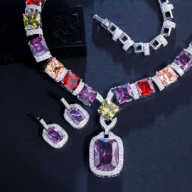 ThreeGraces Luxury Multicolor Cubic Zirconia Big Geometric Square Earrings Necklace Bridal Wedding Jewelry Set for Brides T0633