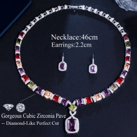 ThreeGraces Luxury Multicolor Cubic Zirconia Big Geometric Square Earrings Necklace Bridal Wedding Jewelry Set for Brides T0633