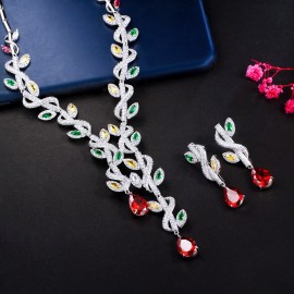 ThreeGraces Luxury Multicolor Cubic Zirconia Long Leaf Drop Earrings Necklace Bridal Wedding Party Jewelry Set for Women TZ712