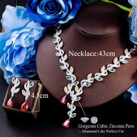 ThreeGraces Luxury Multicolor Cubic Zirconia Long Leaf Drop Earrings Necklace Bridal Wedding Party Jewelry Set for Women TZ712
