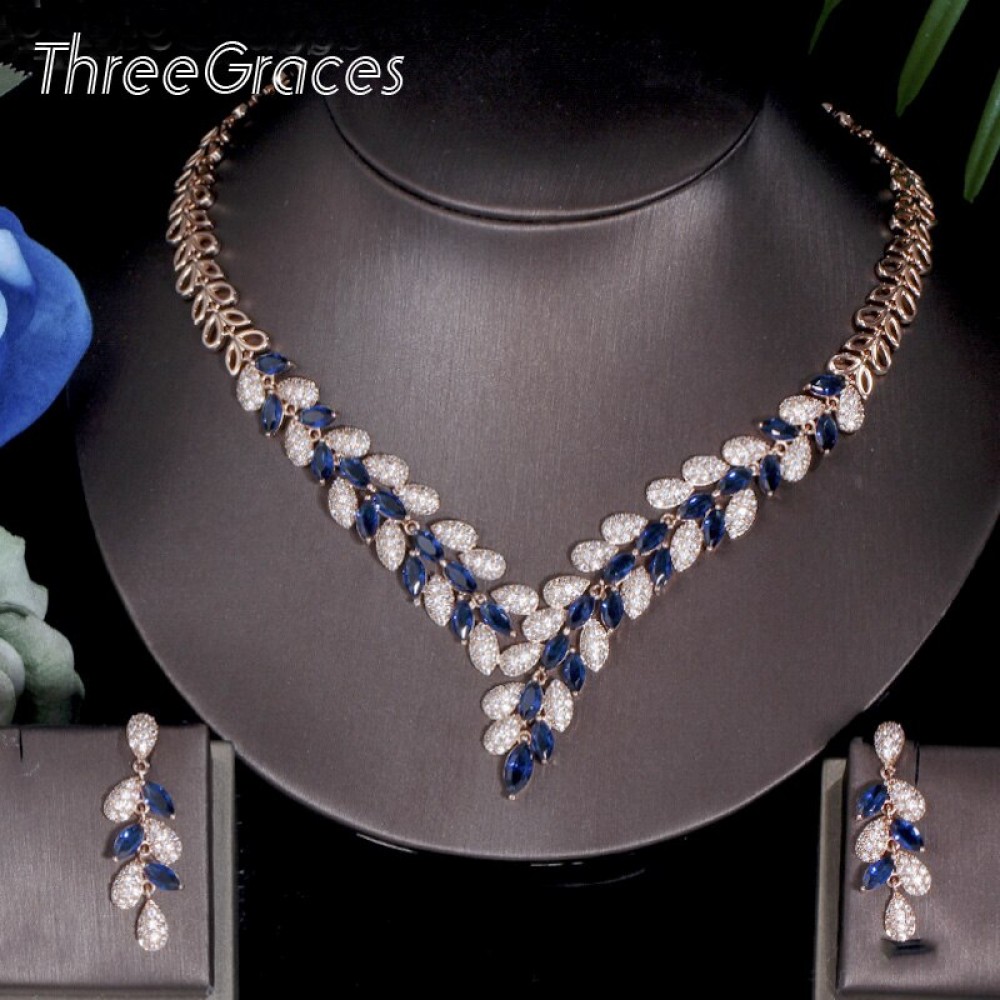 ThreeGraces Luxury Nigerian African Large Leaf Shape Blue Cubic Zirconia Bridal Necklace and Earrings for Wedding Gift JS086