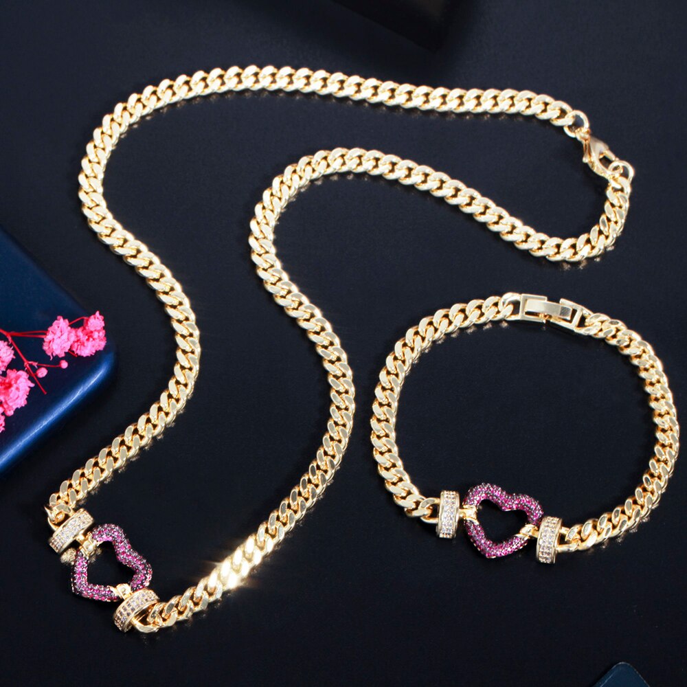 ThreeGraces Luxury Red CZ Stone Gold Color Love Heart Link Chain Bracelet and Choker Necklace for Women Punk Party Jewelry TZ613