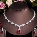 ThreeGraces Luxury Red Cubic Zirconia Crystal Party Necklace and Earring Bridal Wedding Banquet Jewelry Set for Brides TZ543
