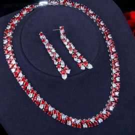 ThreeGraces Luxury Red Cubic Zirconia Super Long  Love Heart Dangle Earrings Necklace Set for Women Fashion Wedding Jewelry J633