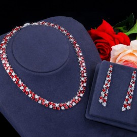 ThreeGraces Luxury Red Cubic Zirconia Super Long  Love Heart Dangle Earrings Necklace Set for Women Fashion Wedding Jewelry J633