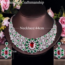 ThreeGraces Luxury Red Green Cubic Zirconia Big Flower Necklace and Earrings Bridal Wedding Prom Jewelry Sets  for Brides TZ547