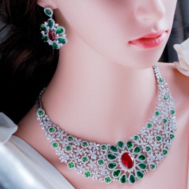 ThreeGraces Luxury Red Green Cubic Zirconia Big Flower Necklace and Earrings Bridal Wedding Prom Jewelry Sets  for Brides TZ547