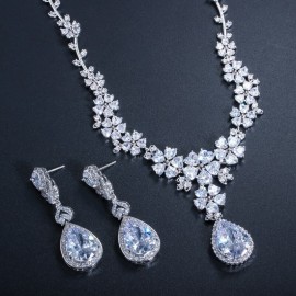 ThreeGraces Luxury Shiny Cubic Zirconia Flower Shape Long Big Bridal Wedding Party Earrings Necklace Jewelry Set for Women JS090