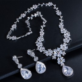 ThreeGraces Luxury Shiny Cubic Zirconia Flower Shape Long Big Bridal Wedding Party Earrings Necklace Jewelry Set for Women JS090