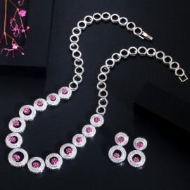 ThreeGraces Luxury Summer Big Round Drop Hot Pink Stone Necklace Earrings for Women Wedding Fashion Costume Jewelry Sets TZ527