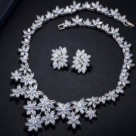 ThreeGraces Luxury White Gold Color Marquise Cut CZ Crystal Big Flower Necklace Earrings Bridal Wedding Party Jewelry Set JS055