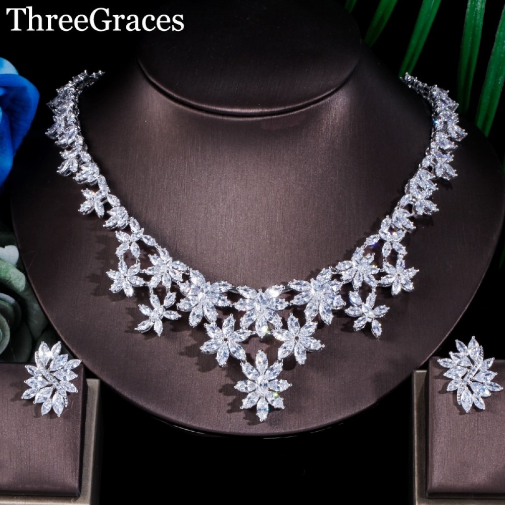 ThreeGraces Luxury White Gold Color Marquise Cut CZ Crystal Big Flower Necklace Earrings Bridal Wedding Party Jewelry Set JS055