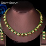 ThreeGraces Natural Green Round CZ Stone Dubai Gold Color Bridal Wedding Necklace Earrings for Brides Banquet Jewelry Sets TZ556