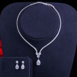 ThreeGraces New Design Luxury Cubic Zirconia Water Drop Pendant Necklace Earrings Set for Women High Quality Dress Jewelry JS647