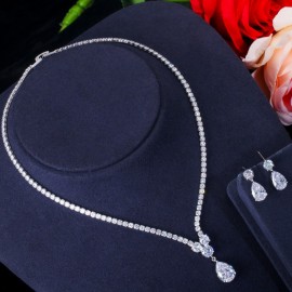 ThreeGraces New Design Luxury Cubic Zirconia Water Drop Pendant Necklace Earrings Set for Women High Quality Dress Jewelry JS647